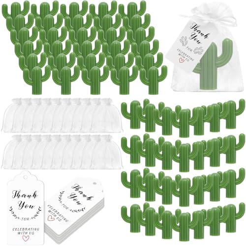 Leelosp 50 Sets Cactus Soap Party Favors with White Organza Bags & Cactus Themed Thank You Tags for Fiesta Party Decor, Mexican Birthday Decorations, Baby Shower, Bachelorette Bridal Shower DIY Gifts by Leelosp