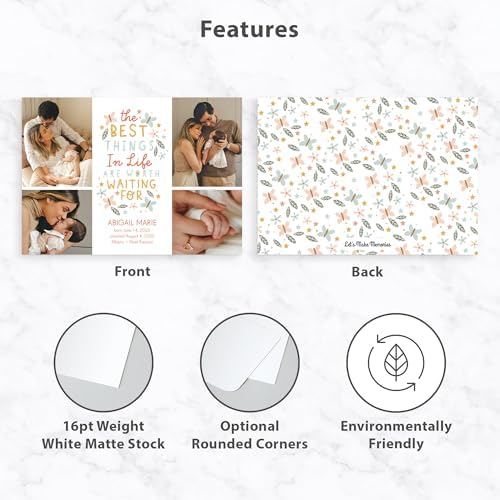 Let's Make Memories Personalized Baby Announcement Cards - Birth, Adoption - Boy, Girl - Premium Quality Custom Photo Cards for Mailing - 5x7 - Includes White Envelopes - Worth The Wait - 75 ct - Image 4