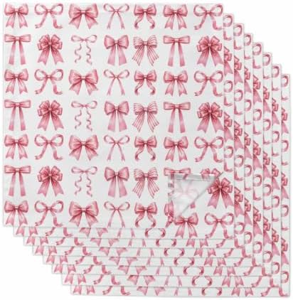 Pink Ribbon Bow Cloth Napkins Set of 8, Fantasy Sweet Bows Abstract Modern Art Washable Reusable Dinner Cocktail Napkin for Kitchen Party Wedding Banquet Holiday Baby Shower Table Decor by PIEPLE