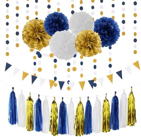 Navy Blue White Gold Party Decoration Paper Flowers,Banner Flags,Circle Banner,Tassel Garland Birthday Bachelorette Boy Baby Shower Gender Reveal Graduation Decorations by LastingSurprise