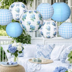 12 Pcs Hydrangea Plaid Paper Lanterns 8" 10" 12" Blue White Floral Chinese Lanterns for Summer Birthday Wedding Baby Shower Garden Tea Party Decorations - Image 2
