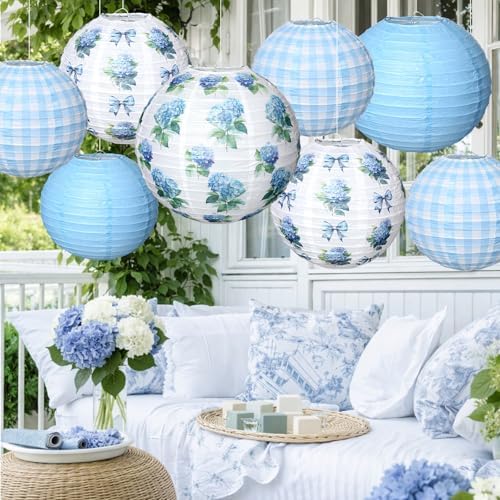 12 Pcs Hydrangea Plaid Paper Lanterns 8" 10" 12" Blue White Floral Chinese Lanterns for Summer Birthday Wedding Baby Shower Garden Tea Party Decorations - Image 2