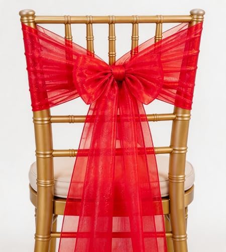 50 Pack Organza Red Chair Sashes Bows for Wedding Decorations 7x108 inches Crystal Yarn Sheer Chair Ties for Party Banquet Hotel Restaurant by WENSINL