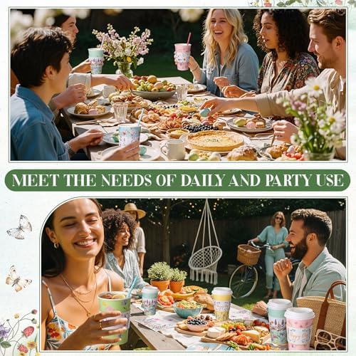 Nuogo 400pcs/100set 16 oz Floral Disposable Coffee Cups with Lids Sleeves Straws Napkins, Spring/Summer Party Tea Wedding Baby Shower Bulk Paper Cups for Hot Cold Drinks - Image 6