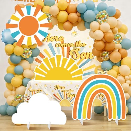 4 Pcs Here Comes the Son Baby Shower Decoration, Large Sun Cloud Rainbow Cardboard Cutouts Props, Retro Sunshine Themed Standups for Photo Booth & Boy First Birthday Decor - Image 4