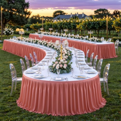 Partisky Rosy Pink Polyester Table Skirt for Rectangle Tables 17ft, Wrinkle Resistant Pleated Ruffle Table Cloth for Wedding Baby Shower by Partisky