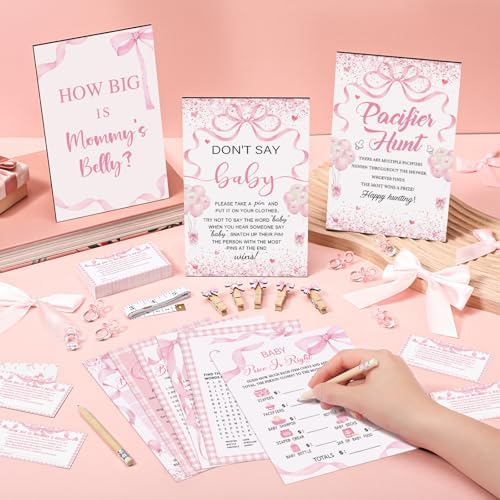 Sherr 476 Pcs Pink Bow Baby Shower Games Bundle 6 Sets, Activity Cards Tape - Image 2