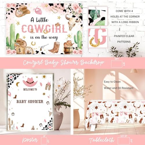 Costova Cowgirl Baby Shower Decorations - 108PCs A Little Cowgirl is On The Way Party Supplies with Backdrop, Balloon, Tablecloth, Sash and Badge for Western Wild West Rodeo Girl - Image 4