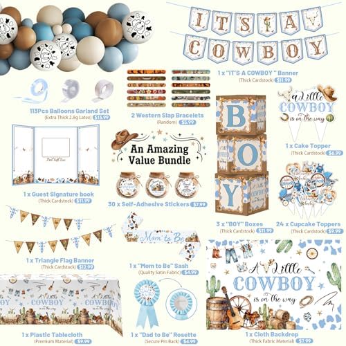 Cowboy Baby Shower Decorations for Boy, A Little Cowboy is on the Way Party Supplies, Western Rodeo Baby Shower Decor, It's a Boy Gender Reveal, Balloon Box Banner Backdrop Stickers Sash Cake Topper - Image 3