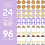 Ethisa Small 24 Pack Butterfly Party Favor Glass Bottles with Ribbons and Stickers - Vintage Baby Shower and Birthday Favors for Guests and Table Centerpieces Decorations - Purple Theme Candy Jar - Image 6