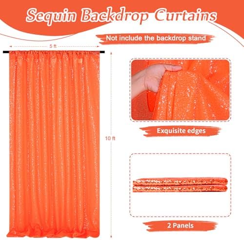 Orange Glitter Sequin Backdrop Curtains 2 Pcs 5FTx10FT Baby Shower Party Backdrop for Boy Gorgeous Photography Fabric Drapes - Image 2