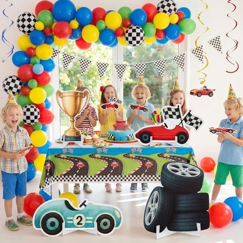 Honoson 4 Pcs Large 30" Racing Car Cardboard Cutouts Standup, Race Car Birthday Party Decorations Check Flag Trophy Tire Photo Booth Props for Photography Backdrop Baby Shower Party Supplies Yard Sign - Image 4