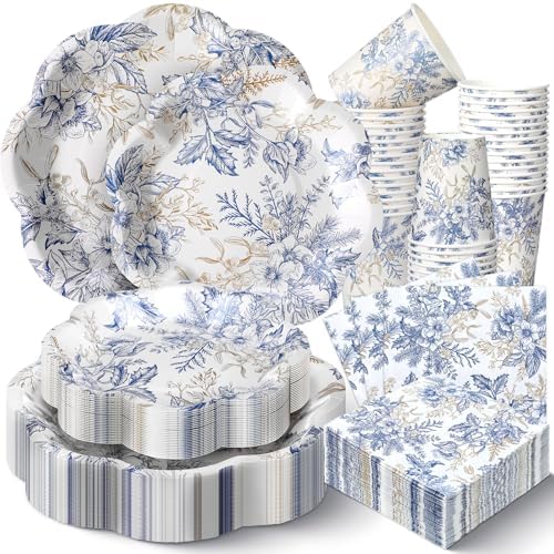 Newtay 250 Pcs Blue Gold Floral Disposable Paper Plate Napkins by Newtay