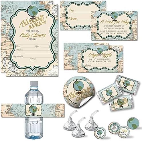 Amanda Creation Adventure Awaits Baby Shower Bundle for 20, Invitations, Diaper Raffle, Book Request Cards, Stickers & Labels by AmandaCreation