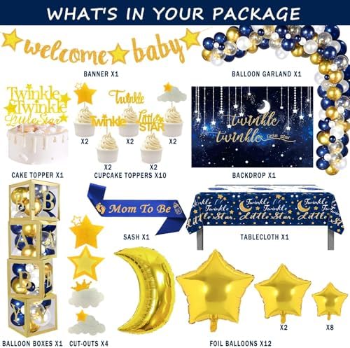 162 PCs Twinkle Twinkle Little Star Baby Shower Decorations, Hombae Navy Blue Little Star Baby Shower Backdrop Balloon Garland Glitter Banner Tablecloth Cake Cupcake Topper Box Cutout Mom To Be Sash - Image 2