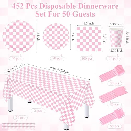 Funnymoom 452 Pcs Light Pink and White Gingham Party Supplies for 50, Pink Checkered Gingham Paper Plates Napkins Cups Tablecloth Cutlery Straws for Picnic Camping Birthday Baby Shower Decoration - Image 3