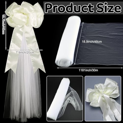 12 Pcs Large Wedding Pew Bows Ivory White 15.7" x 7.9" Satin Bow with 98.5 ft Fabric Tulle Church Chair Ceremony Aisle Decor for Wedding Dress Bowknot Bridal Shower Birthday(Pull Bow) - Image 4