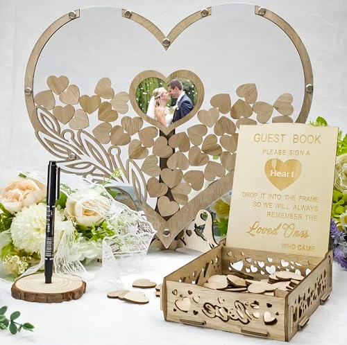 Wedding Guest Book Alternative, Rustic Heart Shaped Wooden Guest Book with 100 Wooden Hearts Tree for Wedding Party Birthday, Personalized Wedding Decor with Guest Sign-In Box & Heart Frame for Photo by Unknown