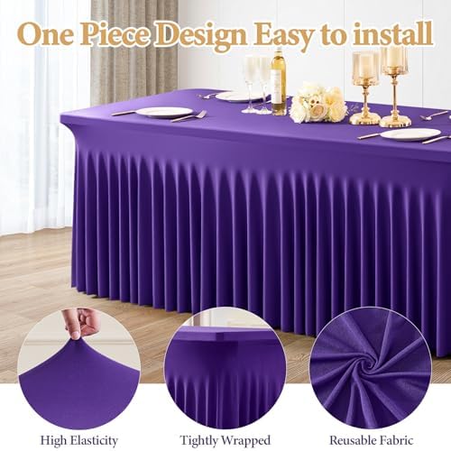 2 Packs Purple Spandex Table Covers 6 Foot, Fitted Stretch Table Cloth with Skirts 72x30 Inch, Wrinkle-Free Floor Length Rectangle Tablecloths for Trade Show Weddings Parties Banquets Events - Image 2