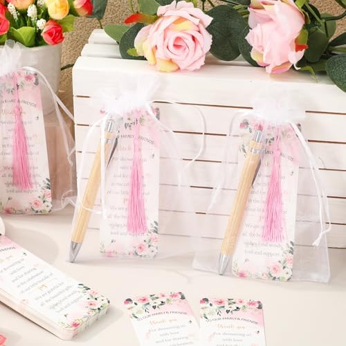 Whaline 50 Sets Baby Shower Favors Pink Floral Flower Engraved Retractable Ballpoint Pens with Thank You Bookmarks and Organza Bags for Gender Reveal Party Gifts Guest Prizes - Image 4