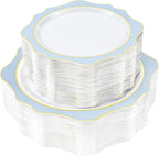 realluck 100Pcs White & Blue Plastic Plates for 50 Guests by Realluck