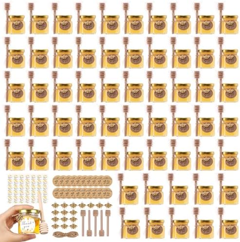 1.5 oz 60 Pack Mini Glass Honey Jars with Wood Dippers & Gold Lids by BIGIVACA