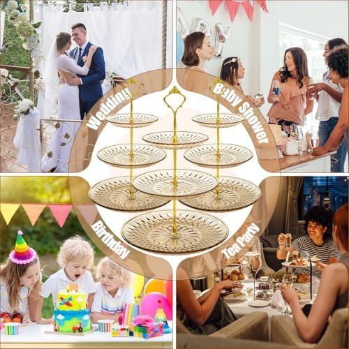 Patelai 8 Packs 3 Tier Acrylic Cake Stand with Round Holder 3 Tier Serving Tray Acrylic Crystal Cupcake Stand Holder for Home Wedding Birthday Baby Shower Tea Party Favors(Clear Amber, Golden Crown) - Image 6
