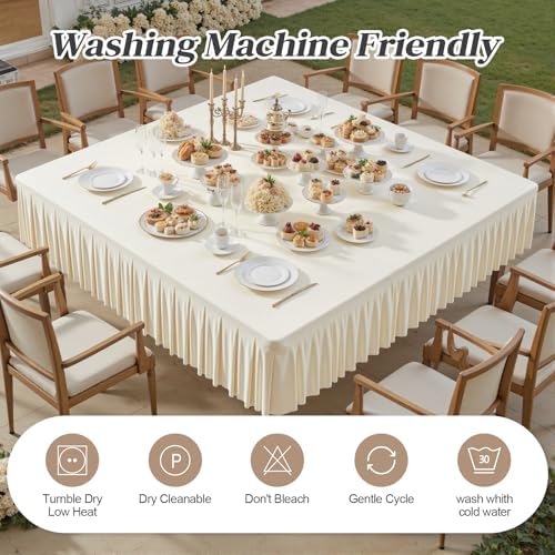 Wish Care 2 Pack Ivory Spandex Tablecloths for 60x60 Inch Square Tables, Stretch Fitted Table Clothes with Pleated Ruffle Skirt for 60” Table, Wrinkle Free and Elastic, for Party Kitchen Home Dining - Image 3
