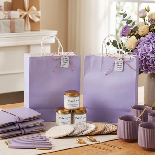 Baby Shower Prizes for Game Winners Baby Shower Games Prizes Ceramic Mugs with Metal Spoons Woven Coasters Notebooks Scented Candles Gift Bags Wedding Bridal Shower Favors for Guests (2, Purple) - Image 2