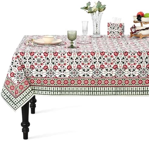 Ridhi Apple Red and Green Hand Block Print Cotton Rectangle Tablecloth 60x60 inch Reusable Table Cover Decorative Everyday Use for Dining Room, Farmhouse, Home Gift for Spring, Summer by Ridhi