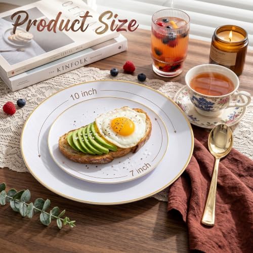 KIRE 100PCS White Plates with Gold Trim - Plastic Disposable Plates - Includes 50Pieces 10.25inch Dinner and 50Pieces 7.5inch Dessert/Salad Plastic Plate for Wedding Receptions/Party/Thanksgiving - Image 2
