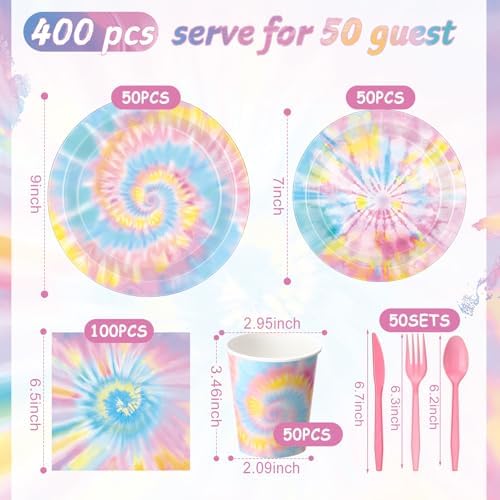 Pickmesh 400 Pcs Tie Dye Party Supplies Paper Plates and Napkins Serve 50 - Image 3