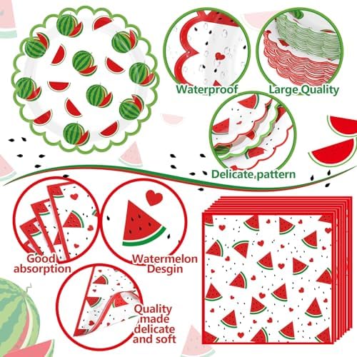 Funnymoom 400 Pcs Watermelon Birthday Party Supplies for 50 Guest Cute Summer Fruit Disposable Plates Napkin Cup Spoon Fork Knives for Outdoor Picnic Birthday Baby Bridal Shower Party Supplies - Image 3