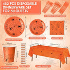 Funnymoom 452 Pcs Halloween Spiderweb Supplies Tableware for 50 Guests, Orange Spider Web Paper Plates Napkins Cups Tablecloth Cutlery Straws for Spiderweb Halloween Birthday Party Decoration - Image 2