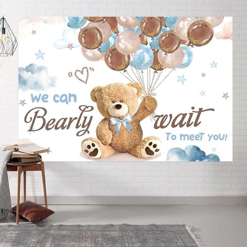 8x6ft We Can Bearly Wait Backdrop Bear Baby Shower Photography Background for Boys Cute Cartoon Balloons Baby Shower Party Decorations Supplies Photo Booth Props - Image 4