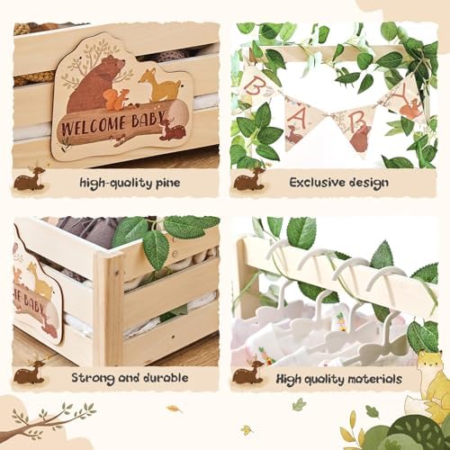 Wooden Baby Shower Crate Closet - Forest Animals Themed Personalized Crate with Hangers & Decorative Accents, Easy Assembly Natural Wood Gift Basket Ideal for Baby Shower & Nursery Storage - Image 3