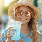 Whaline 50 Pcs Bow Disposable Plastic Cups with Lids and Straws 12 Oz Blue Bow Knot Cold Beverage Drinking Cups - Image 7
