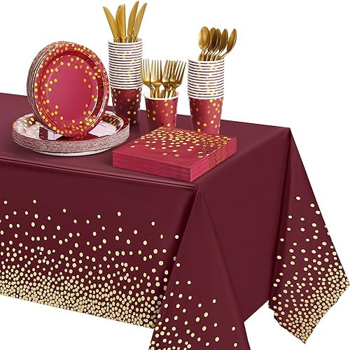 Tegeme 256 Pcs Maroon and Gold Dot Party Supplies Serve 36 Guest Burgundy Red Paper Plates Napkin Tablecloth Disposable Dinnerware Plastic Fork Knives Cup for Birthday Baby Shower Wedding Decoration by Tegeme