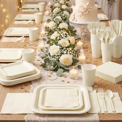Vyntra 350 Pcs Ivory Square Paper Plates and Napkins Set, Serves 50 - Image 6