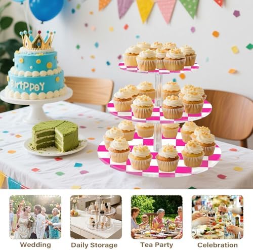 J JOYSAY Checkerboard Pink Pattern Acrylic Cupcake Stand 3 Tier Dessert Table Display Set Clear Cake Stands for Party Baby Shower Wedding Decorations Easy Assembly Macaron Tower - Image 7
