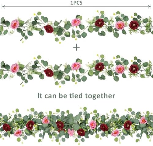TOCHGREEN 2 Pack Artificial Eucalyptus Flower Garland with Red Pink Roses - Image 5