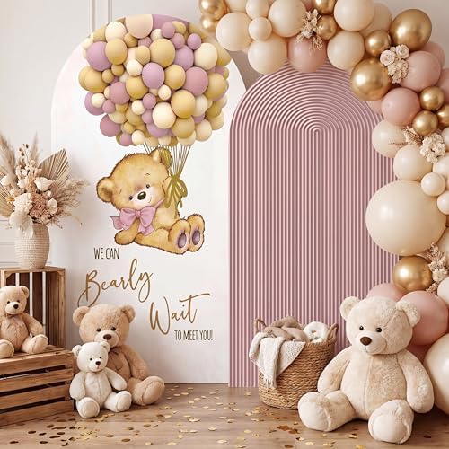 Tegeme 2 Pcs We Can Bearly Wait Backdrop Arch Covers Pink Teddy Bear Arch Covers Baby Shower Decorations 7.2 × 3.9 ft & 6.6 × 3.3 ft Stretchy Arched Wall Background for Baby Shower Party Decor Props - Image 3
