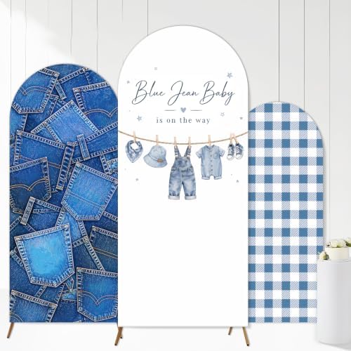 3PCS Blue Jean Baby Shower Arch Backdrop Cover 4ft 5ft 6ft Stretchy Spandex A Blue Jean Baby is on the Way Backdrop for Denim Baby Shower Gender Reveal Decorations Party Supplies Photo Props by Tarndom
