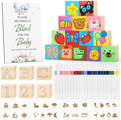 85 PCS Baby Shower Blocks Game Kit Templates to Paint, DIY Baby Shower Games & Gender Reveal Activity Set, 52 Wooden Blocks to Decorate, Includes 24 Acrylic Markers, Game Sign & 8 Templates to Paint by Keamaidy