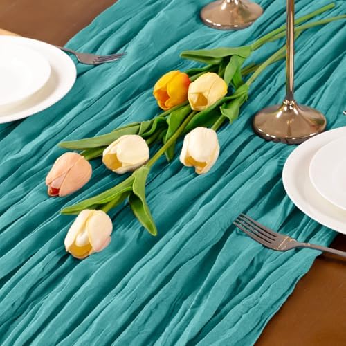 Teal Cheesecloth Table Runner Boho Wrinkled Gauze Table Runners - Image 5