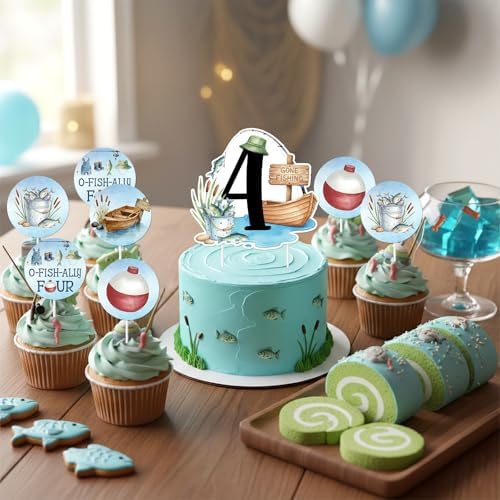 O Fish Ally Four Birthday Decoration Backdrop Banner Fishing 4th Birthday Cake Cupcake Toppers Gone Fishing Latex Foil Balloons for Boy Little Fisherman 4 Years Old Party Decor Supplies - Image 3