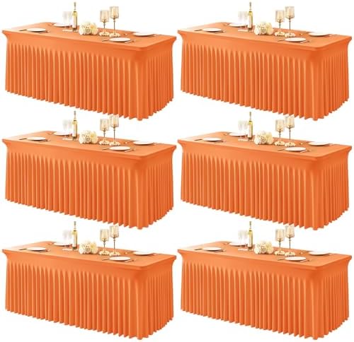 6 Packs Orange Table Clothes for 6 Foot Rectangle Tables, One-Piece Wrinkle Resistant Stretch Spandex Table Covers with Skirt for Event Banquet Wedding Birthday Party by PartyTalk