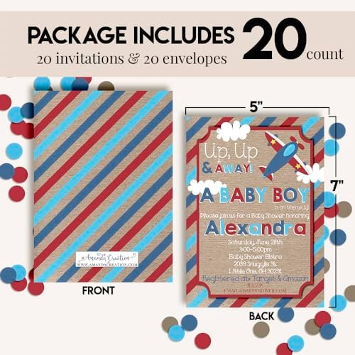 Amanda Creation Custom Baby Shower Invites Up Up and Away Baby Shower Invitation 20 5x7 Custom Personalized Baby Boy Airplane Invites With Envelopes - Image 4