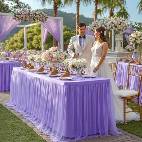Wish Care 4 Pack Lavender Tulle Tablecloth for 6 Foot Rectangle Tables Stretch Fitted Rectangular Table Cloths Purple Wrinkle Free Ruffle Table Cover Tutu Skirt for Wedding Birthday Party Baby Shower - Image 2