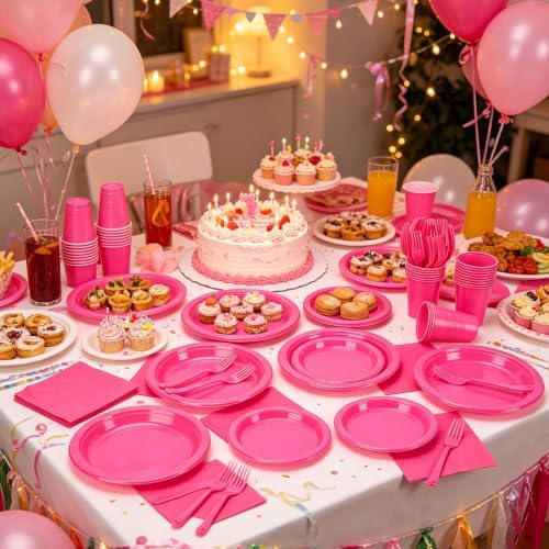250Pcs Hot Pink Plastic Party Plates and Napkins Set for Birthday, Wedding - Image 4